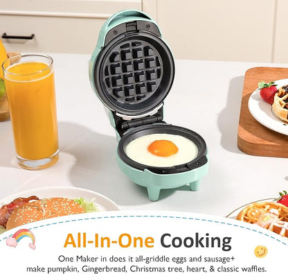 6 in 1 Mini Waffle Maker, 4” Waffle Iron with Removable Non-stick Plates, Perfect Mini Waffle Maker Machine for Kids and Families, Light Blue