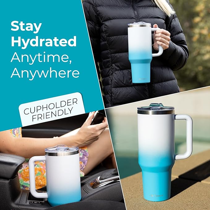 40 oz Tumbler With Handle and Straw Made of Stainless Steel - Double Wall Vacuum Insulated Tumbler With Lid - Sweat Proof Easy Grip, BPA-Free, Dishwasher Safe Tumbler (Blue & White)