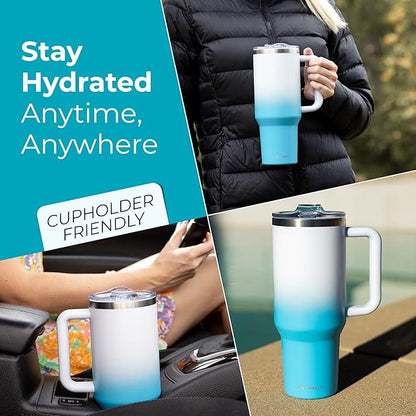 40 oz Tumbler With Handle and Straw Made of Stainless Steel - Double Wall Vacuum Insulated Tumbler With Lid - Sweat Proof Easy Grip, BPA-Free, Dishwasher Safe Tumbler (Blue & White)