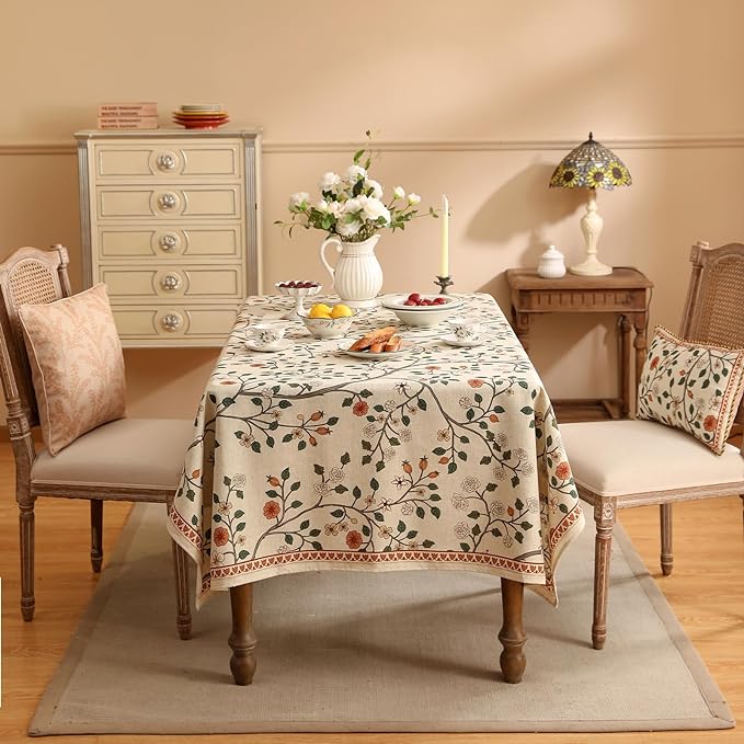 Designer Floral Long Rectangle Tablecloth,French Linen Light Beige Indoor Table Cloth,Fall Wrinkle Resistant Decor Tablecloths for Dining Thanksgiving Kitchen Party,63"*102"-Flora A