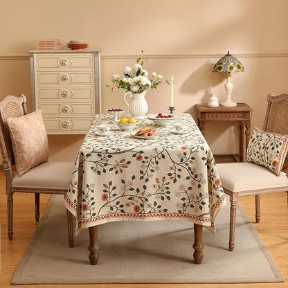 Designer Floral Long Rectangular Tablecloth,French Linen Light Beige Indoor Table Cloth,Fall Wrinkle Resistant Decor Tablecloths for Dining Thanksgiving Kitchen Party,63"*94"-Flora A