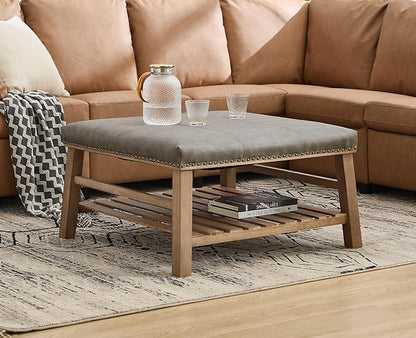 Kmax 32-Inch Grey Faux Leather Coffee Table Large Square Ottoman Foot Rest Stool Upholstered Coffee Table with Wooden Shelf Storage for Living Room Office