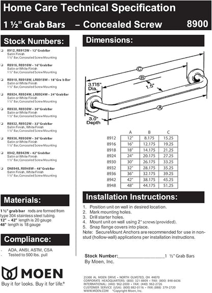 Moen Polished Stainless Bathroom Safety 24-Inch Shower Grab Bar with Concealed Screws for Handicapped or Elderly, R8924