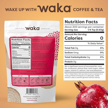 Waka Instant Green Tea Mix, Pomegranate Flavored - 100% Tea Leaves, No Additives, Unsweetened Tea Powder in Bulk Pouch – Easy Quick Hot and Iced Teas, Up to 200 Cups (4.5oz)