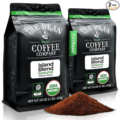 The Bean Organic Coffee Company Island Blend, Medium Roast, Ground Coffee, 16-Ounce Bags (Pack of 2), Café molido tostado orgánico
