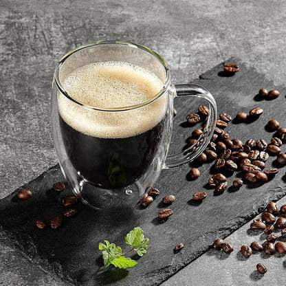 Aurzen 2 Pack Double Walled Glass Coffee Mugs with Handles, Large Insulated Layer Coffee Cups, 12oz Clear Borosilicate Mugs, Perfect for Cappuccino, Tea, Microwave Safe