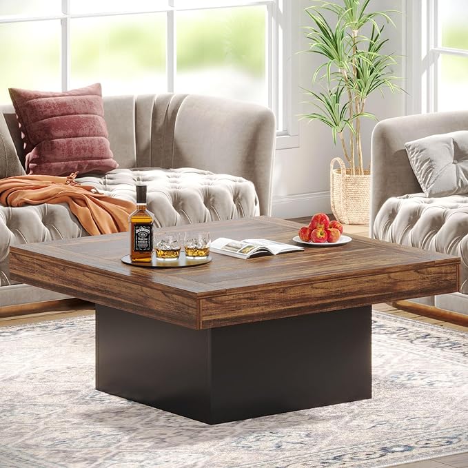 Tribesigns Coffee Table Square LED Coffee Table Engineered Wood Low Center Cocktail Tables for Living Room (Rustic Brown+Black)