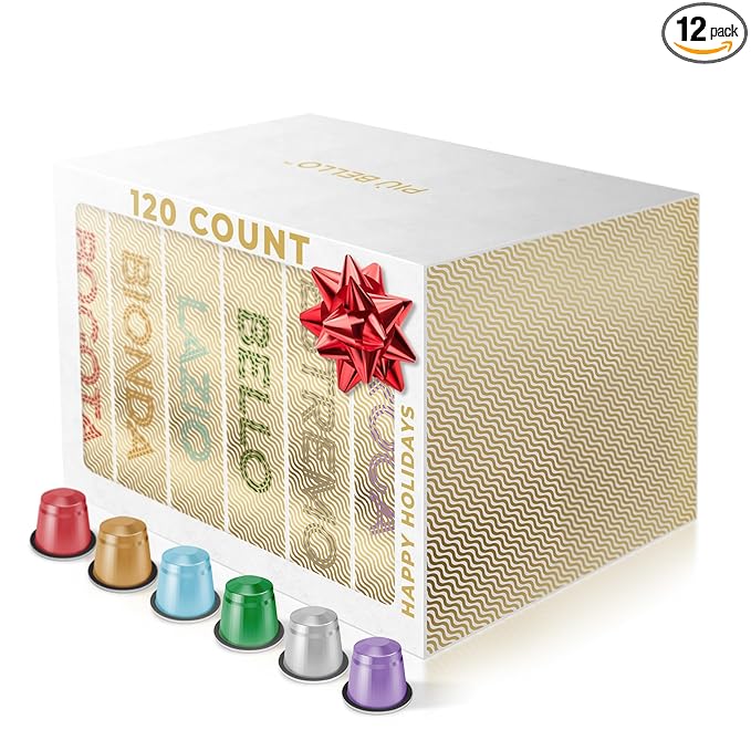 Piu Bello Espresso Coffee Pods – Variety Pack for Nespresso Original Machines – Light Roast, Dark Roast, Chocolate, Nutty, Caramel – Kosher, Rich & Balanced (120 Count, 6 Flavors)