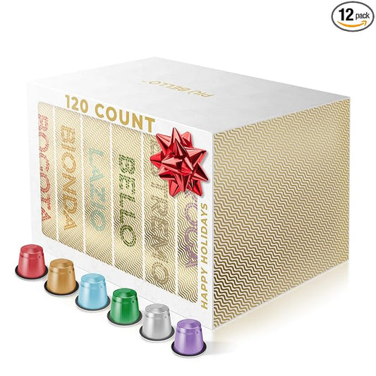 Piu Bello Espresso Coffee Pods – Variety Pack for Nespresso Original Machines – Light Roast, Dark Roast, Chocolate, Nutty, Caramel – Kosher, Rich & Balanced (120 Count, 6 Flavors)