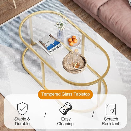 Coffee Table Gold Glass Coffee Tables for Living Room, Oval Table Center Table with Sturdy Metal Frame,Modern Tempered Glass Accent Tables for Bedroom Home Office