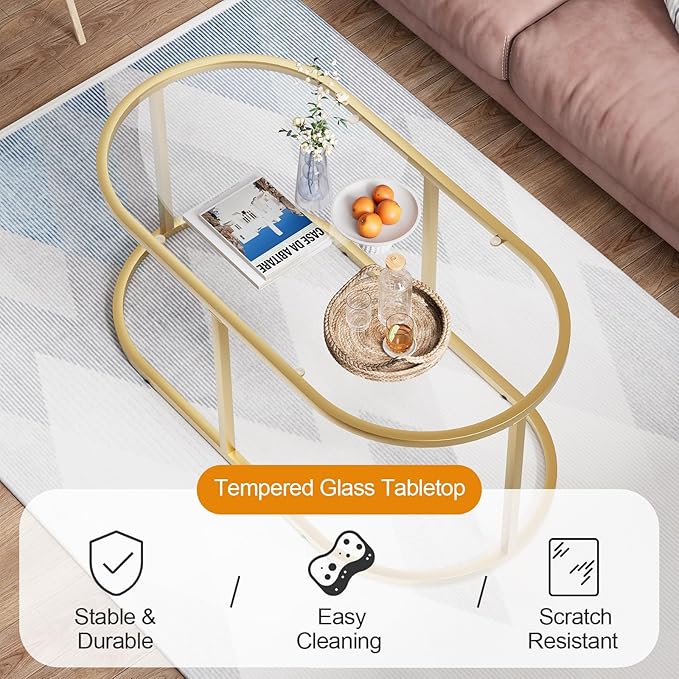 Coffee Table Gold Glass Coffee Tables for Living Room, Oval Table Center Table with Sturdy Metal Frame,Modern Tempered Glass Accent Tables for Bedroom Home Office