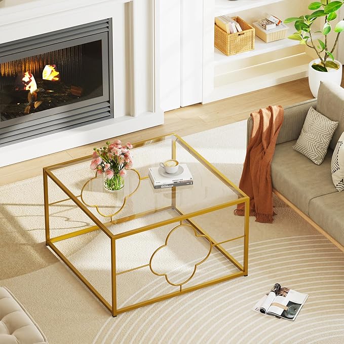 Coffee Table Modern Center Table,Glass Minimalist Square Coffee Table Tea Table for Living Room,Tempered Glass-top with Sturdy Metal Frame, Easy Assembly,26.4 x 26.4 x 15.7 Inches, Gold