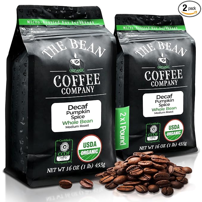 The Bean Organic Coffee Company Water Processed DECAF Pumpkin Spice, Medium Roast, Whole Bean Coffee, 16-Ounce Bags (Pack of 2)