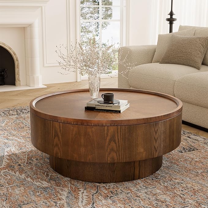 Storage Coffee Table, Handcraft Round Coffee Table with Hidden Storage Removable Top, Modern Solid Wood Veneered Circle Center Table with Sturdy Pedestal for Living Room 、Easy Assembly
