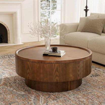 Storage Coffee Table, Handcraft Round Coffee Table with Hidden Storage Removable Top, Modern Solid Wood Veneered Circle Center Table with Sturdy Pedestal for Living Room 、Easy Assembly