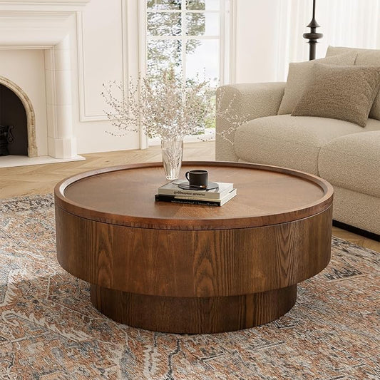 Storage Coffee Table, Handcraft Round Coffee Table with Hidden Storage Removable Top, Modern Solid Wood Veneered Circle Center Table with Sturdy Pedestal for Living Room 、Easy Assembly