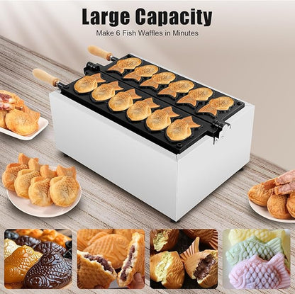 Taiyaki Fish Waffle Maker, 6PCS Electric Fish-Shaped Mold Baker 2400W Stick-Resistent Stainless Steel Commercial Waffle Iron Baker Machine for Restaurant Cafe Snack Shop Food Stall