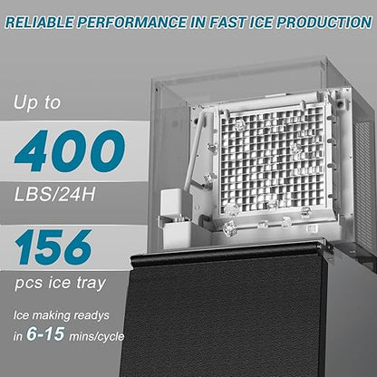 Large Commercial Ice Maker Machine: 500lbs/24H Production, with 350lbs Ice Storage Bucket, 156 Ice Cubes in 6-15 Mins - Stainless Steel Industrial Ice Maker for Restaurant, Bar, Cafe, Commercial Use