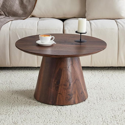 Walnut Coffee Table, 25.6" Small Coffee Table, Natural Wood Grain Round Tabletop with Wooden Cone Base, Round Living Room Table with Adjustable Feet, Mid Century Center Table for Apartment,Small Space