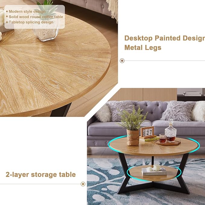 Round Wood Coffee Table for Living Room, 2-Tier Rustic Circle Coffee Table with Storage, 35”x 17” Real Wood Desktop with Metal Frame, Radial Pattern