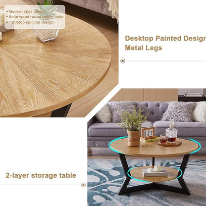 Round Wood Coffee Table for Living Room, 2-Tier Rustic Circle Coffee Table with Storage, 35”x 17” Real Wood Desktop with Metal Frame, Radial Pattern