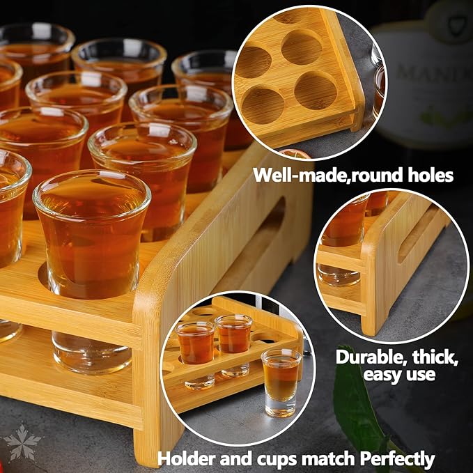 Shot Glasses Set of 24 Large Shot Glasses and Holder 1oz/30ml Shot Glass Tray Stand Thick Base for Party Club Bar Home Tools Restaurant Kitchen Barware Glassware Drinking Spirit Tasting Gifts