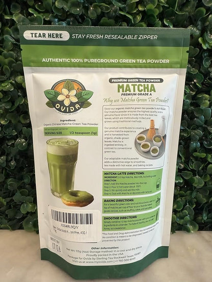 Ovida Premium Organic Matcha Green Tea Powder – Antioxidant Superfood, Authentic Matcha Powder for Lattes, Smoothie & Shakes, Energy & Focus, 100% Pure, Unsweetened, Vegan, Gluten-Free, 4oz (113g)