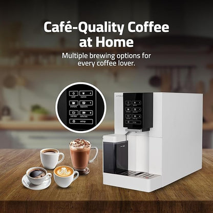 Epsilon Fully Automatic Coffee Machine, Modern One Touch Espresso Machine, Integrated Milk Frother and Custom Brewing Cafe Maker, Compact Countertop Size, Self Cleaning Cafetera (White)