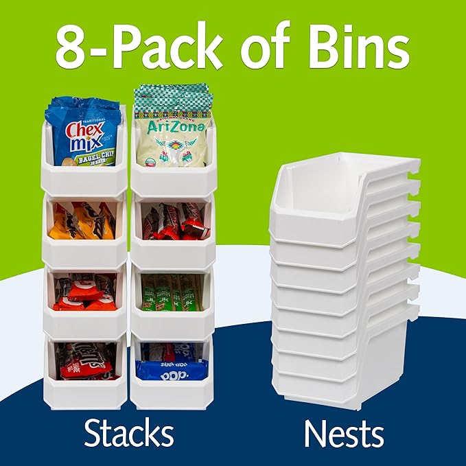 Plastic Containers for Organizing and Storage Bins for Closet, Kitchen, Office, Garage or Pantry Organization, Stackable Bins, Medium (11" x 5" x 5.5"), 8-Pack, White