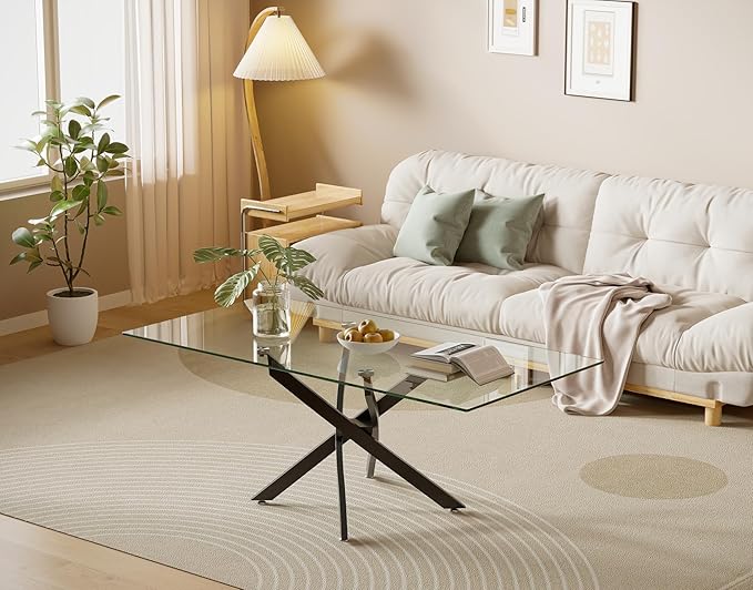Tempered Glass Coffee Table with Metal Legs, Rectangle Modern Living Room Table for Home Office Living Room (Black, 47.3”x23.6”x18”)