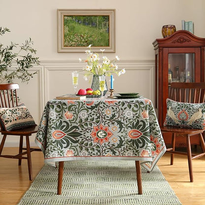 Designer Bohemian Linen Green Extra Long Rectangle Tablecloth,Floral Indoor Table Cloth,Stain Resistant Decor Tablecloths for Dining Thanksgiving Kitchen Party Christmas,67"*118"-Naples