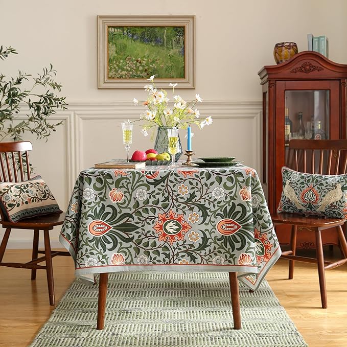 Designer Bohemian Linen Green Long Tablecloth Rectangle,Floral Indoor Table Cloth,Stain Resistant Decor Tablecloths for Dining Thanksgiving Kitchen Party Christmas,63"*102"-Naples