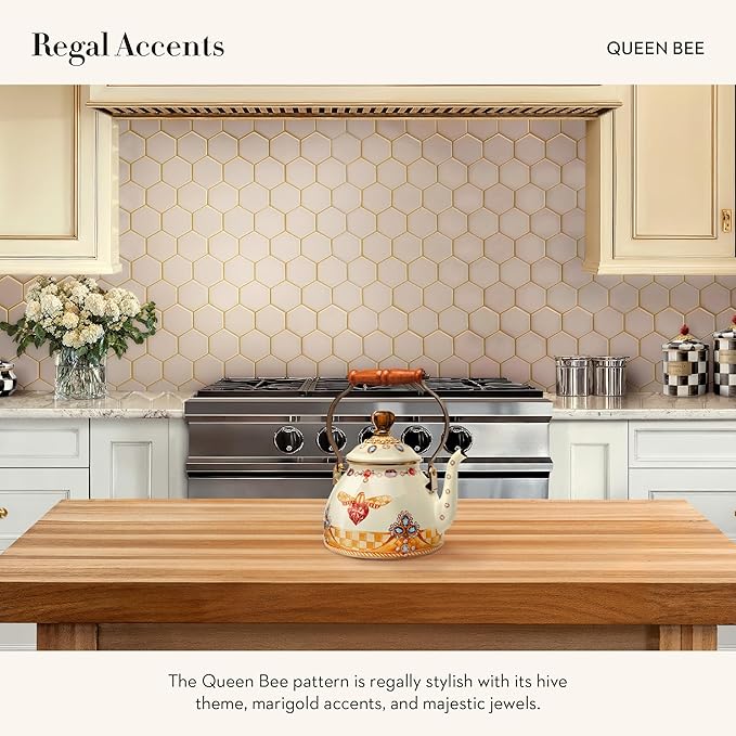 MACKENZIE-CHILDS 2-Quart Enamel Tea Kettle, Cute Tea Kettle for Stovetop, Queen Bee