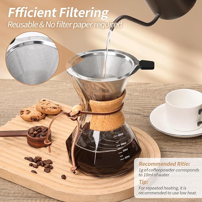 Pour Over Coffee Maker 20 OZ, 6 Cup Borosilicate Glass Drip Coffee Maker with Reusable Stainless Steel Filter and Cork Grip for Home Café 600 ML (Diamond Shape)