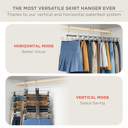MORALVE Skirt Hangers Space Saving with Clips - 2 Pack - European Beechwood 5-Tier Hanger for Shorts, Skirts, and Pants - Closet Organizer and Storage Solution for Women with 360° Swivel Hook