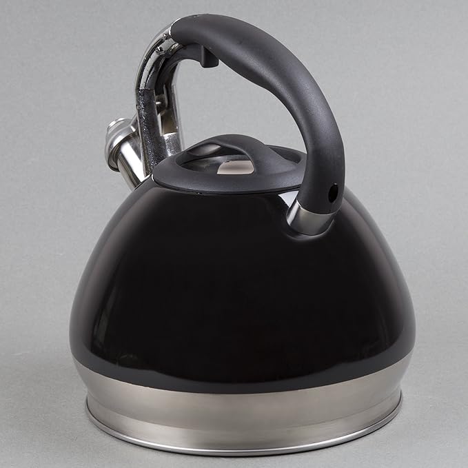 Creative Home 3.5 Quart Whistling Tea Kettle for Stovetop, Food Grade Stainless Steel Tea pot, Fast Boiling Water, Ergonomic Handle, for Gas & Induction, Black