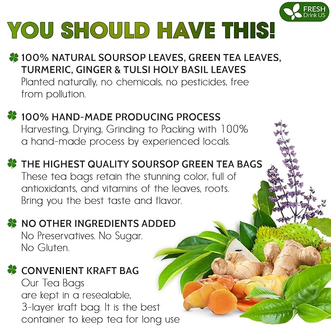 FreshDrinkUS, Premium 75 Tea Bags Soursop Green Tea, 100% Natural & Proprietary Blend from Soursop Leaves and Green Tea. Smooth Flavor. Made with Eco-Conscious Tea Bags. No Additives No Sugar, Vegan.