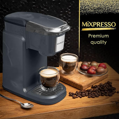 Mixpresso Single Cup Coffee Brewer - Quick Brew, One Touch Function, 12oz One Cup Grey Coffee Maker