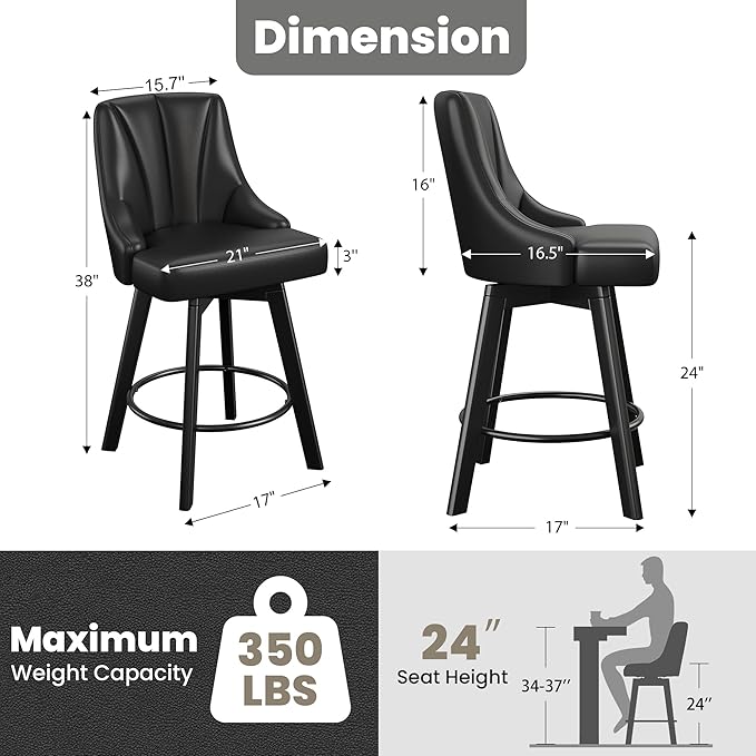 Swivel Bar Stools with Backs, 24" Counter Height Barstools Set of 4, PU Leather Upholstered Counter Bar Stools with Solid Wood Legs for Kitchen Island, Home Bar, Black