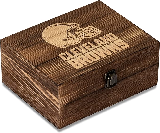 The Memory Company Officially Licensed NFL Wood Boxed Drinkware Set, with 2 Rocks Glasses and Cooling Cubes, Cleveland Browns