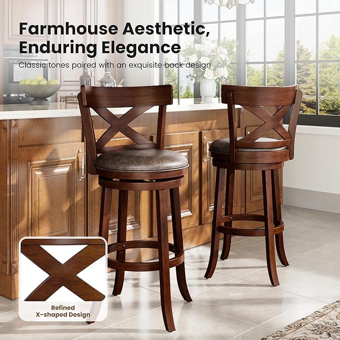 PHI VILLA Swivel Bar Stools Set of 6, 30 inch Bar Height Stools Faux Leather Barstools with Back, Wooden Kitchen Chairs