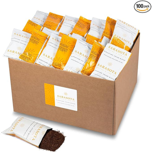 Sarasota Coffee Ground Packets | Gourmet Medium Roast Bulk Coffee Packs | Breakfast Blend | Low Acid Mold Free Singles Individual Pouches for 12 Cup | 1.75 Ounce Bags, 100 Count