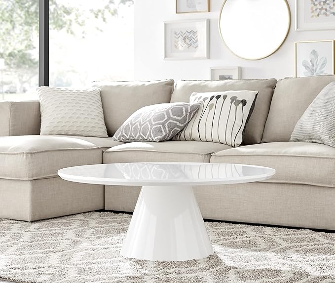 Coffee Table - Palma Round Coffee Table - Contemporary Minimalist Round Coffee Table with Tapered Central Pillar - White High-Gloss Finish - Living Room Furniture