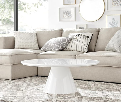 Coffee Table - Palma Round Coffee Table - Contemporary Minimalist Round Coffee Table with Tapered Central Pillar - White High-Gloss Finish - Living Room Furniture