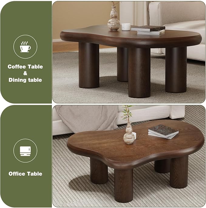 46" Retro Brown Cloud Coffee Table, Modern Round Edge Coffee Table with 4 Sturdy Support Legs and 2.67" Thick Tabletop,Easy Match for Living Room, Bedroom, Balcony,Patio