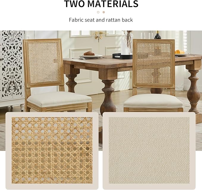 Vintage French Country Dining Chairs Set of 2, Rattan Dining Chairs with a Square Back, Beige Upholstered Dining Chair, Sillas para Comedor, Kitchen & Dining Room Chair (Beige, Rattan, 2Pcs)