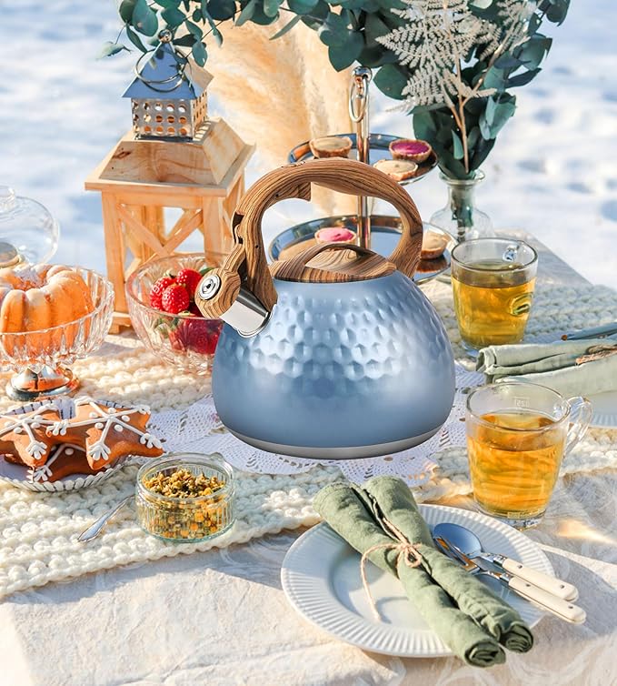 Stainless Steel Tea Kettle Blue, Teapot 3.2 Quart Whistling Tea Kettle, Tea Pots for Stove Top with Wood Pattern Handle, Gas Electric Applicable