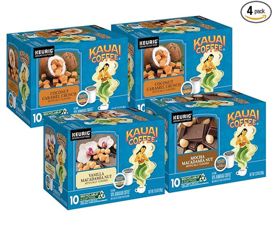 Kauai Coffee K-Cup Pods for Keurig Brewers – Arabica Coffee, 10% Hawaiian – Medium Roast, Rich, Smooth, No Bitterness – Three Flavors, 4 Packs of 10 Single Serve K-Cups