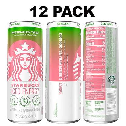 Starbucks Iced Energy Drink, Watermelon Splash, Zero Sugar Energy Drink, Plant Based Caffeine, Hydration, Mental Clarity, 12 Fl Oz Cans (Pack of 12)