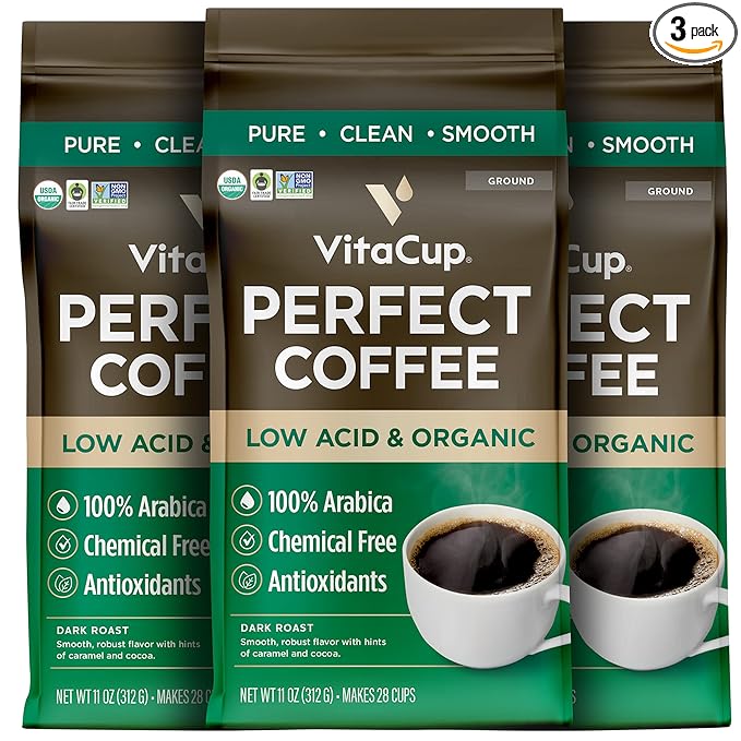 VitaCup Perfect Low Acid Coffee Ground, USDA Organic & Fair Trade, Mycotoxin Free, Dark Roast Guatemala Single Origin, Clean & Pure for Drip Coffee Brewers and French Press, 3 bags, 11oz each